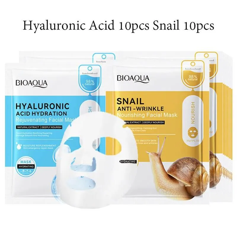 20pcs BIOAQUA Snail Hyaluronic Acid Face Mask skincare Moisturizing Anti Wrinkle Whitening Facial Masks Face Skin Care Products