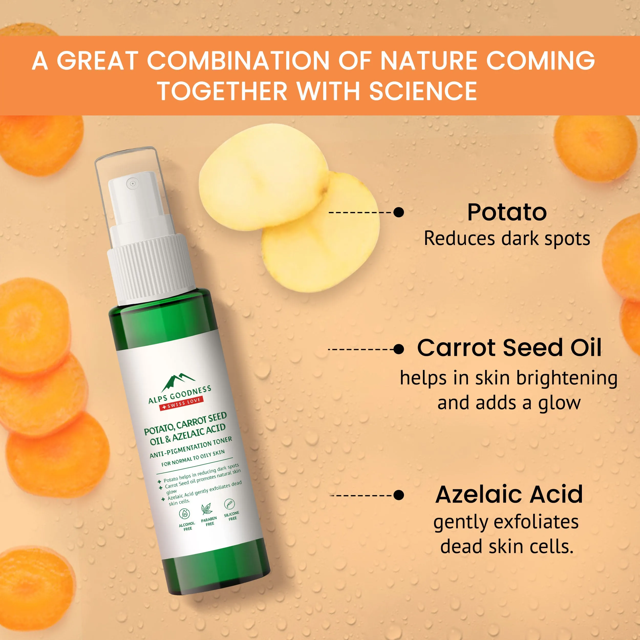 Alps Goodness Potato, Carrot Seed Oil & Azelaic Acid Anti-PIgmentation Toner (110 ml)| Anti-pigmentation Toner| No Silicones| No Sulphates| No Parabens| Mineral Oil Free| Vegan