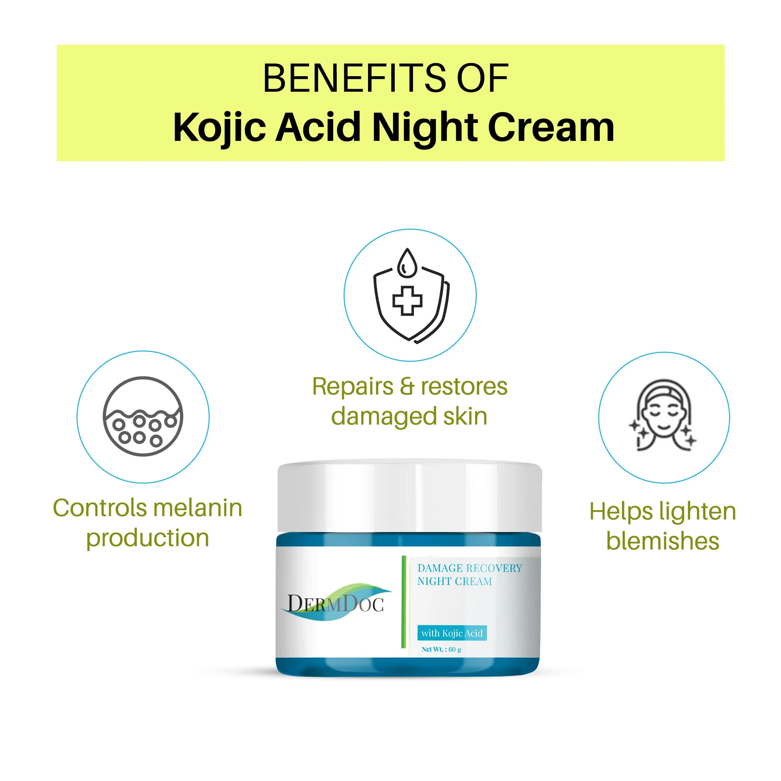 DermDoc Damage Recovery Night Cream with 2% Kojic Acid (50 gm) | For All Skin Type | Lightweight Cream , Lightens blemishes , Treats sun damage scars and age spots | Paraben Free , Silicone Free , Sulfate Free , Cruelty Free